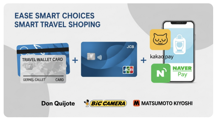 다양한 일본 여행 결제 수단: JCB 카드, 트래블월렛, 카카오페이, 네이버페이 로고와 함께 주요 상점 로고가 어우러진 깔끔한 일러스트