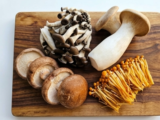 나무 도마 위에 정갈하게 놓인 네 가지 신선한 버섯(표고버섯, 느타리버섯, 새송이버섯, 황금 팽이버섯) - 트러플 버섯 솥밥 레시피의 주재료 소개.