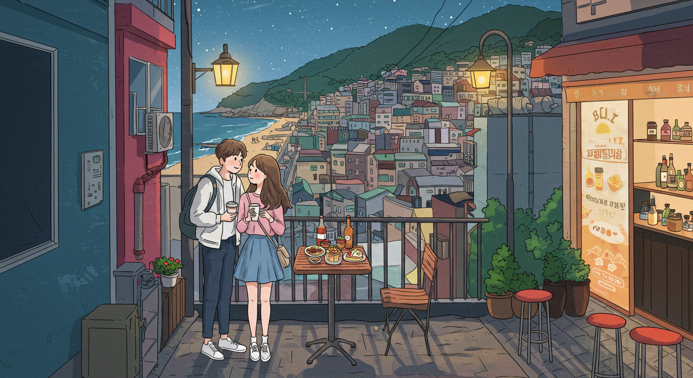 해운대 해변 산책부터 감천골목, 루프탑 바까지 하루 데이트를 담은 부산 일러스트