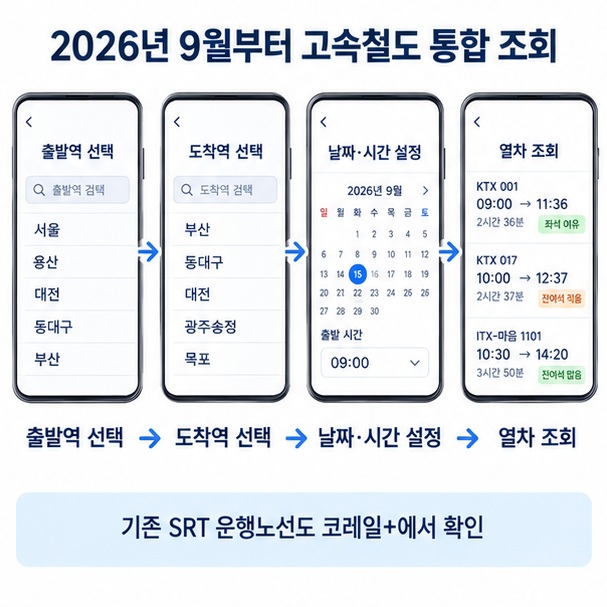 코레일+ 앱에서 출발역과 도착역을 선택하고 운행 열차의 출발시각과 도착시각을 확인하는 과정을 표현한 이미지