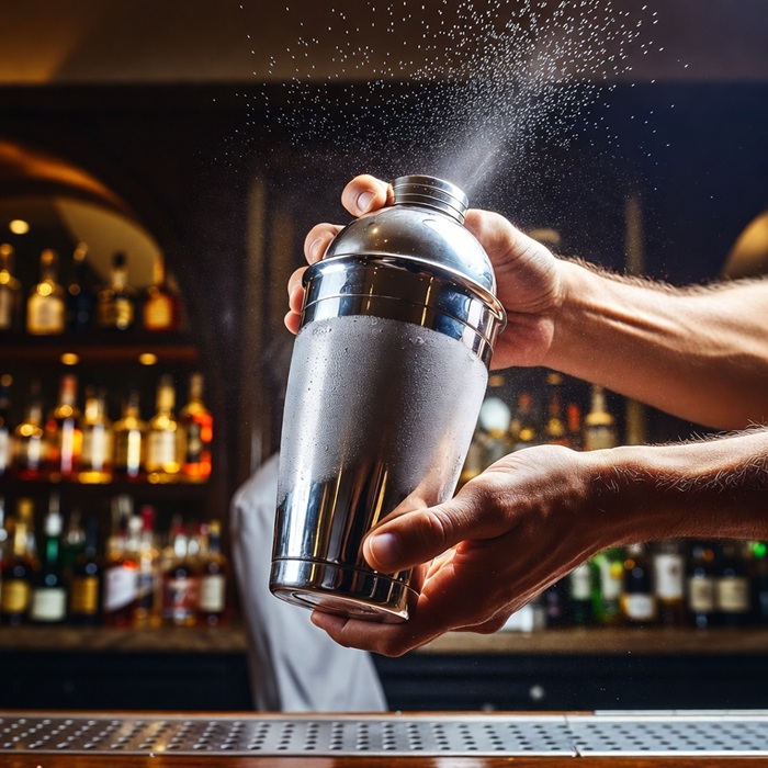 은색 셰이커를 이용해 강렬하게 혼합하는 엔젤 페이스 칵테일 제조 과정