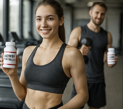운동하며 다이어트 약을 들고 있는 사진