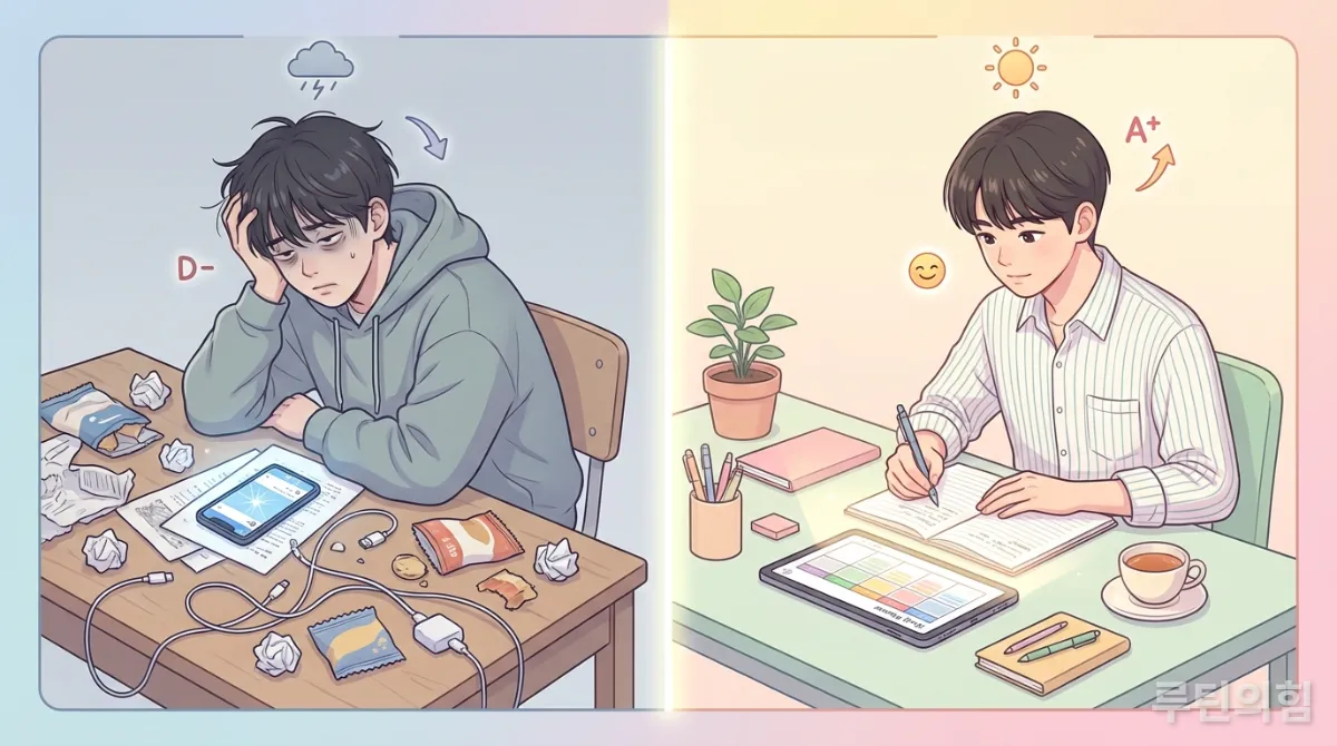 공부 루틴 적용 전후 학생의 변화를 보여주는 시각적 비교