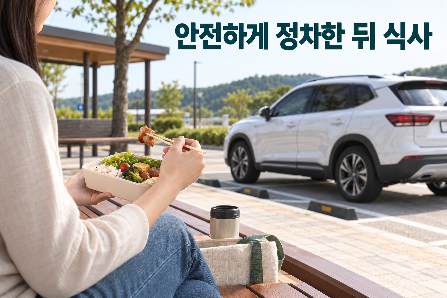 휴게 공간에 주차한 차 옆 벤치에서 도시락을 먹는 모습
