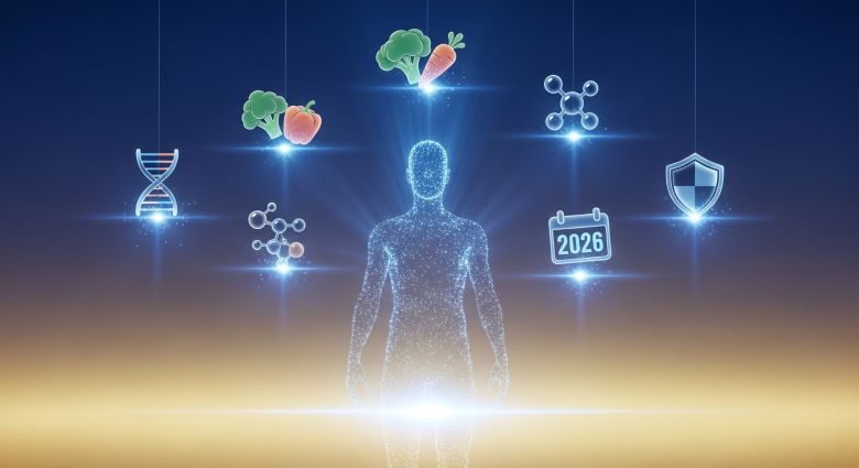 파란색과 황금빛 배경에 디지털 입자로 만들어진 인체 실루엣 주변에 DNA, 브로콜리와 사과, 당근, 분자 구조, 2026 달력, 방패 아이콘이 빛나며 떠있는 미래 건강 관리와 웰니스 트렌드 개념 이미지