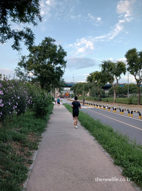 하늘이 열린 강변 도로 옆에서 짧은 보폭으로 슬로우 조깅하는 모습