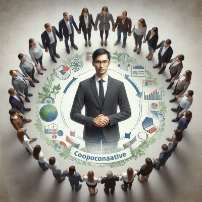 여러 사람들이 옆사람의 손을 잡고 서서 원을 만든 모습. 그 중앙에 협동조합코디네이터가 서서 조율하는 역할을 하는 그림