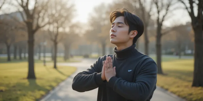 공원 산책 중 스트레칭하는 모습