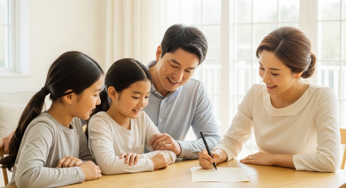 가족이 함께 앉아 추천서를 작성하는 장면