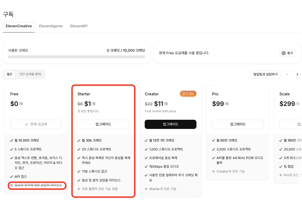 일레븐랩스 Starter 첫 달 1달러 요금제