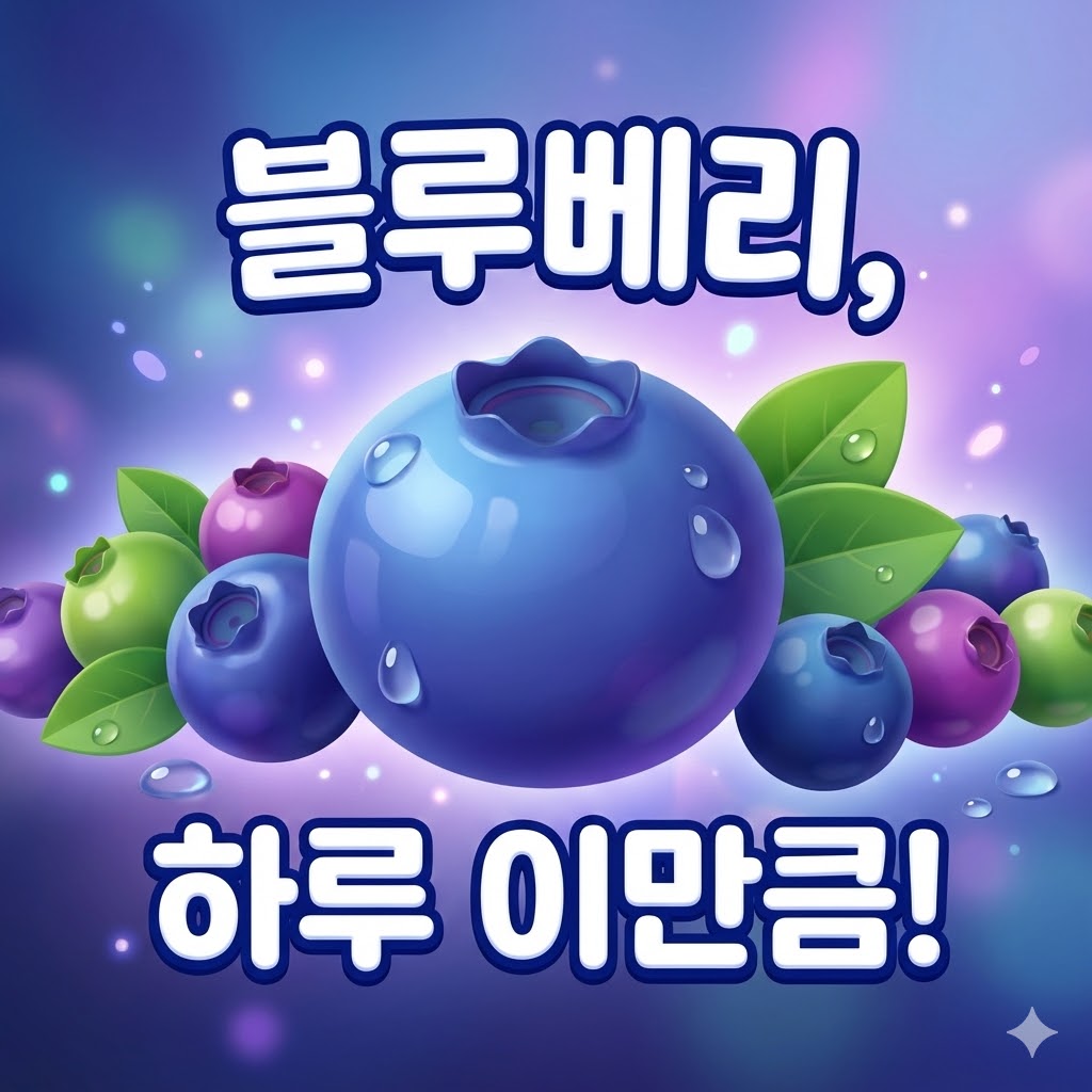 푸른색 배경 위 신선하고 통통한 블루베리가 담긴 그릇과 그 주변에 흩뿌려진 블루베리. '블루베리, 하루 이만큼!' 문구가 강조된 이미지.