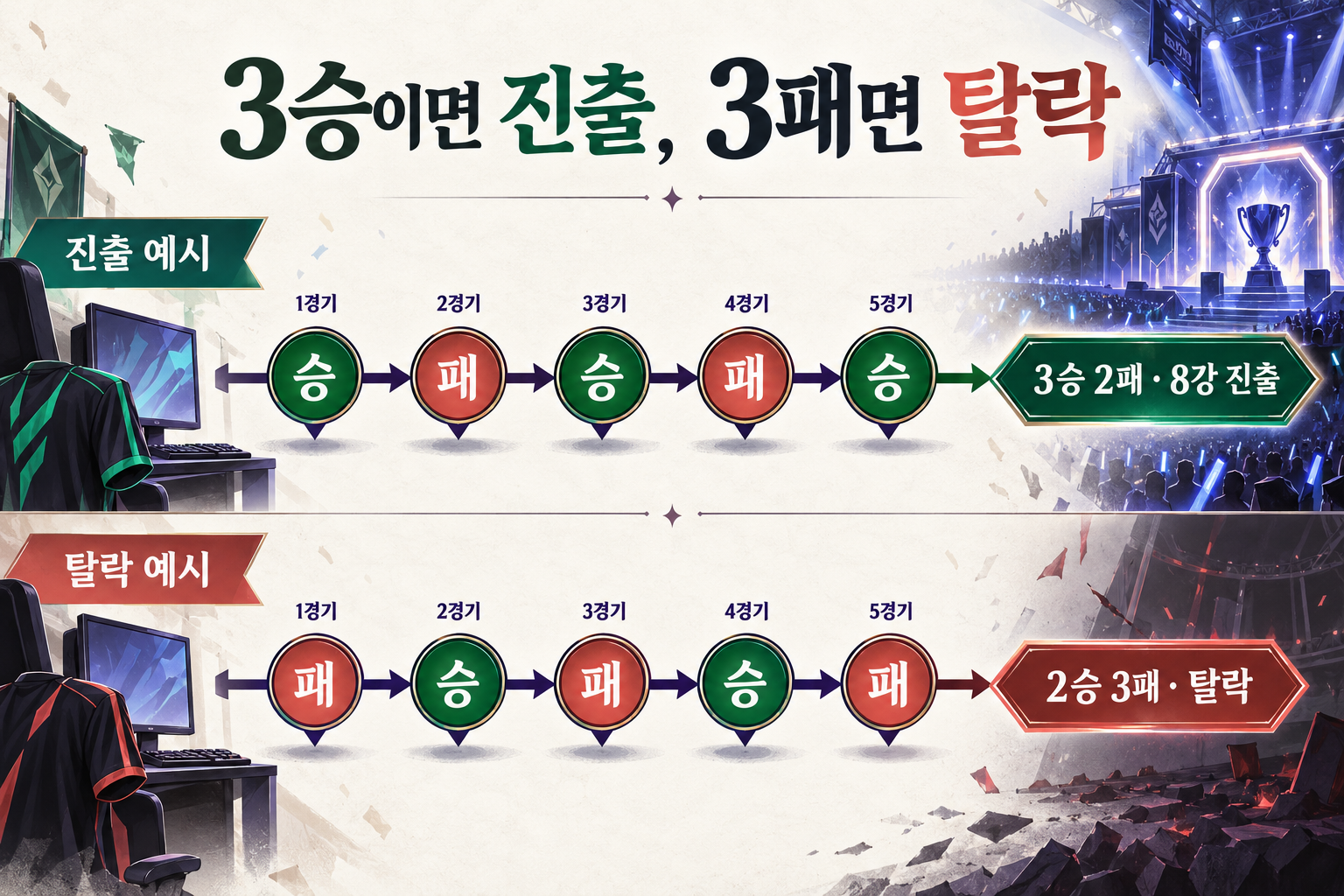 승패승패승은 3승 2패로 8강 진출, 패승패승패는 2승 3패로 탈락하는 예시