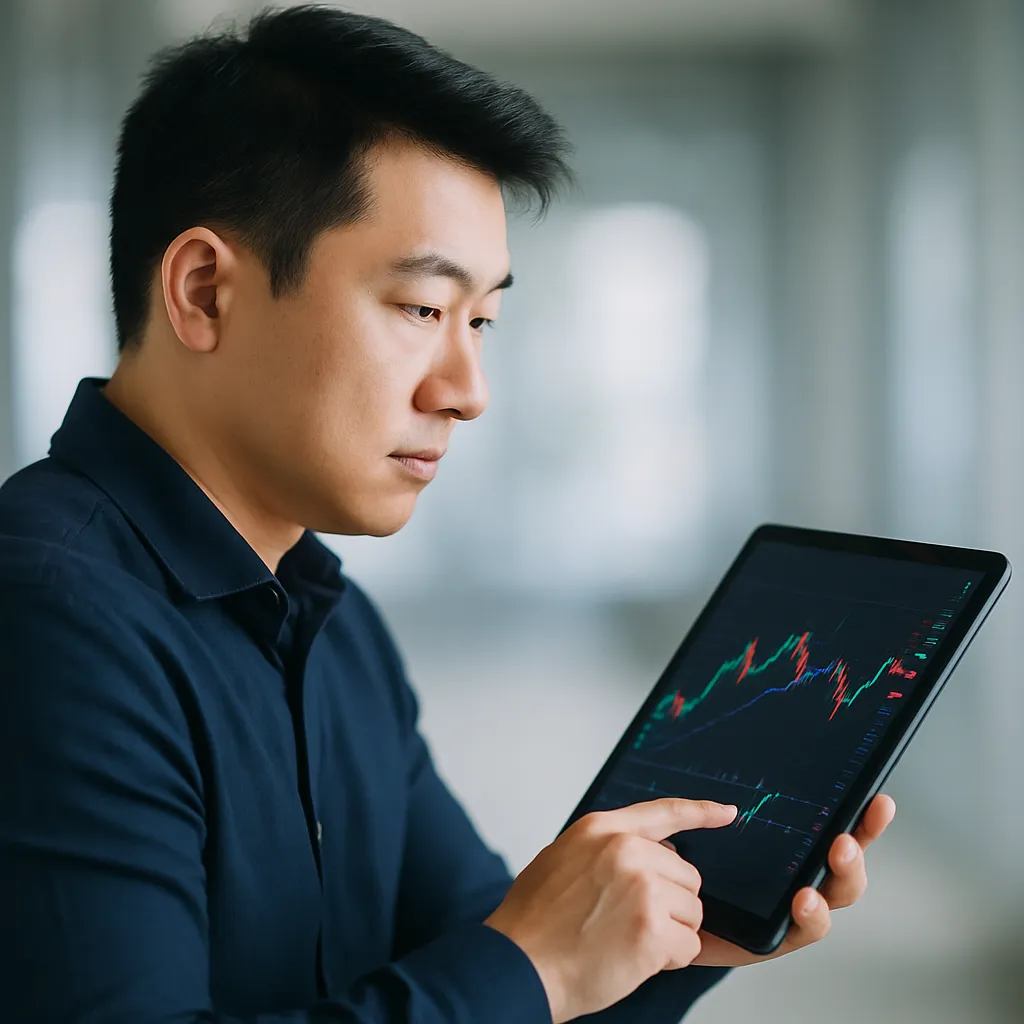 태블릿으로 주가 확인하는 모습