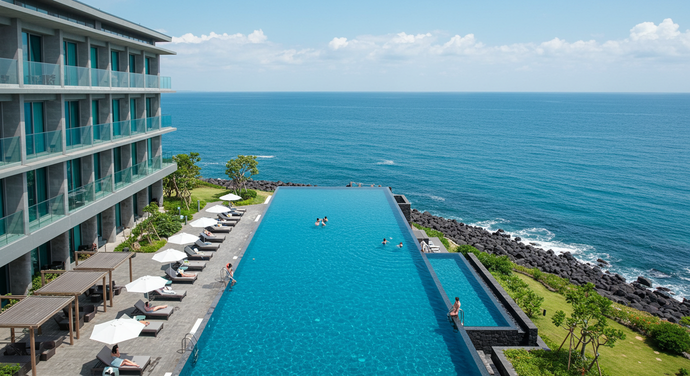 제주 남부 오션뷰 스테이에서 인피니티 풀을 즐기는 모습