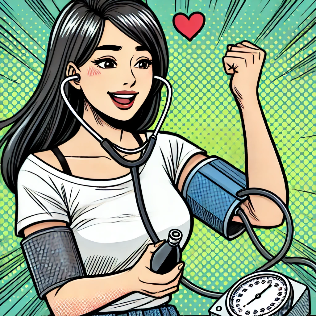 혈압을 측정하며 안도하는 여성 (오메가3의 혈압 조절 효과 강조)