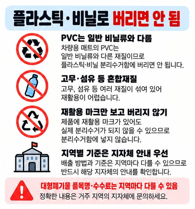PVC와 고무 혼합재질은 플라스틱이나 비닐류로 분리수거하지 않고 지자체 기준을 확인하는 주의사항 카드