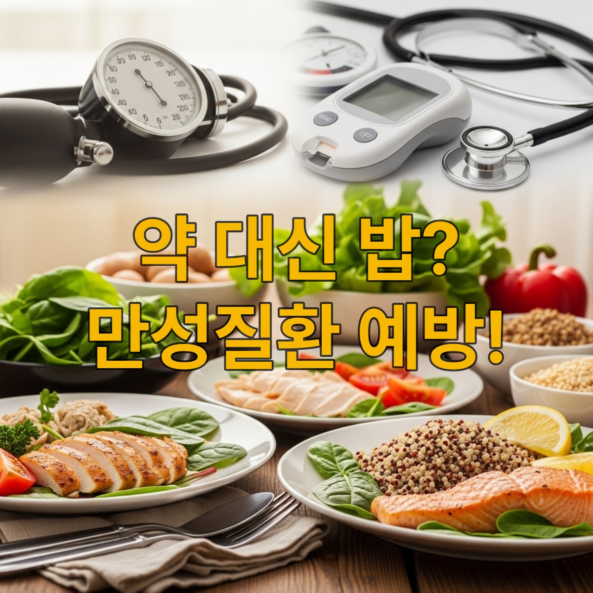 신선한 채소와 건강한 식재료로 차려진 식탁, 만성질환 예방에 도움이 되는 건강한 '음식 보약'의 모습을 보여줌.