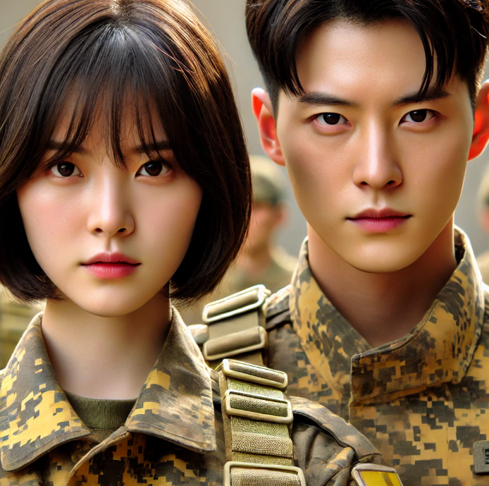 한국 드라마. 군복을 입은 남녀 주인공
