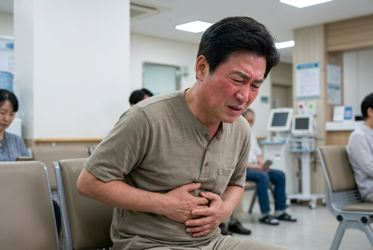 배를 부여잡고 소화불량으로 고통스러워하는 사람과 붉게 달아오른 관절 이미지