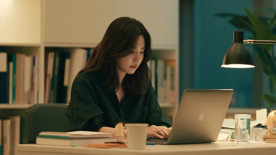 정돈된 책상에서 화상회의 대기실에 혼자 접속해 기다리는 직장인