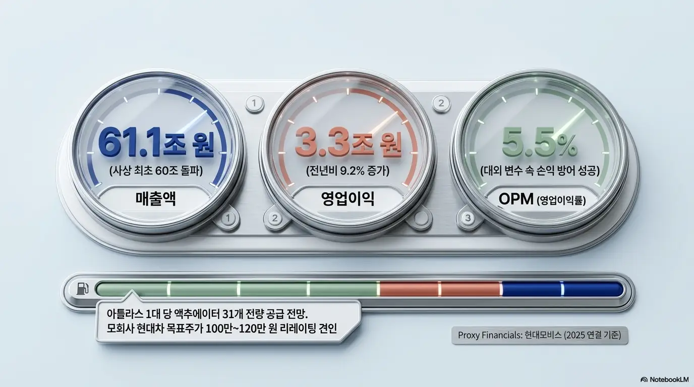 보스턴다이내믹스 상장 수혜를 모회사 현대모비스 실적으로 보여주는 이미지. 2025년 연결 기준 매출 61.1조 원, 영업이익 3.3조 원, 영업이익률 5.5%의 사상 최대 실적과 현대차 목표주가 리레이팅 흐름을 설명함