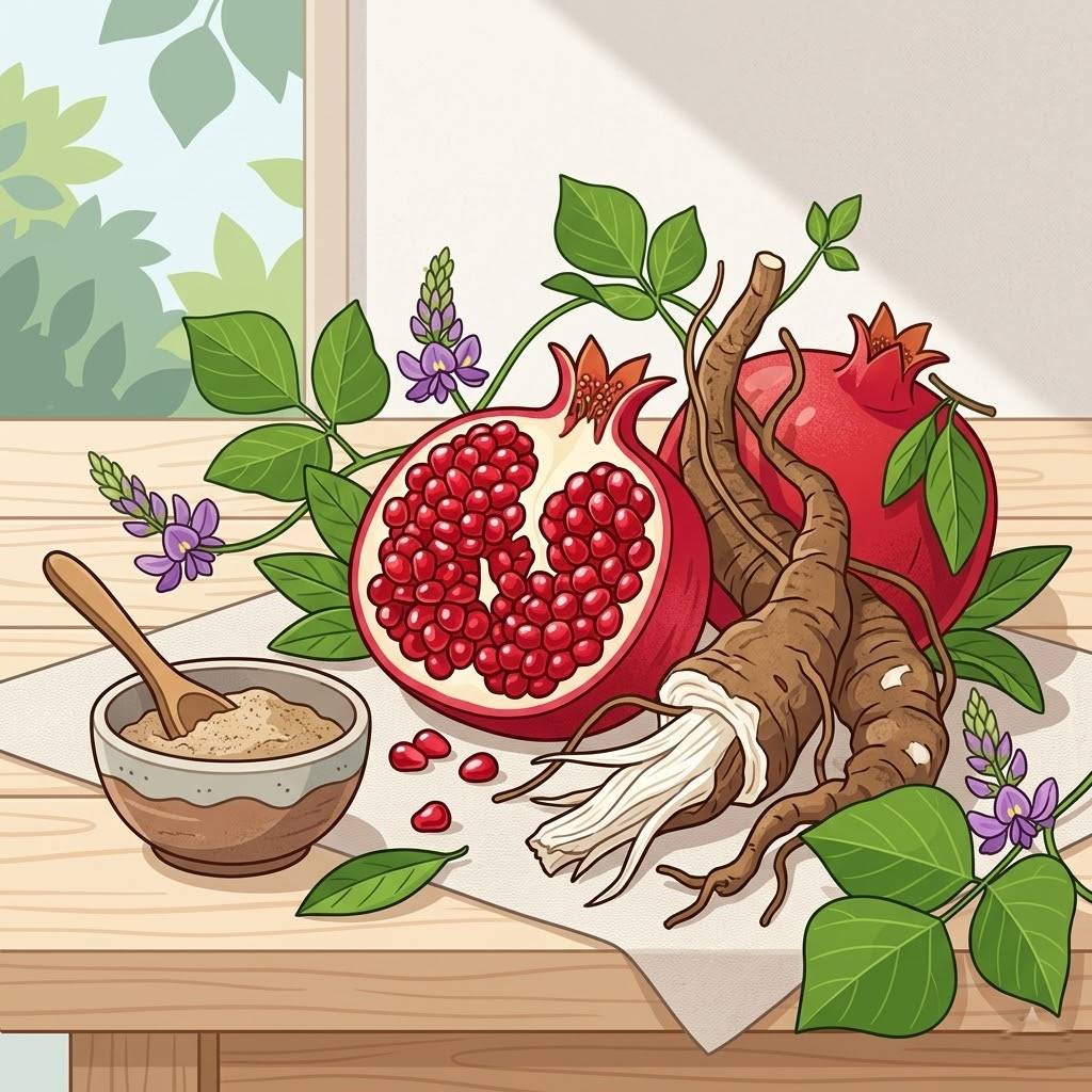 붉은 석류 단면과 칡뿌리가 조화롭게 어우러진 정물화