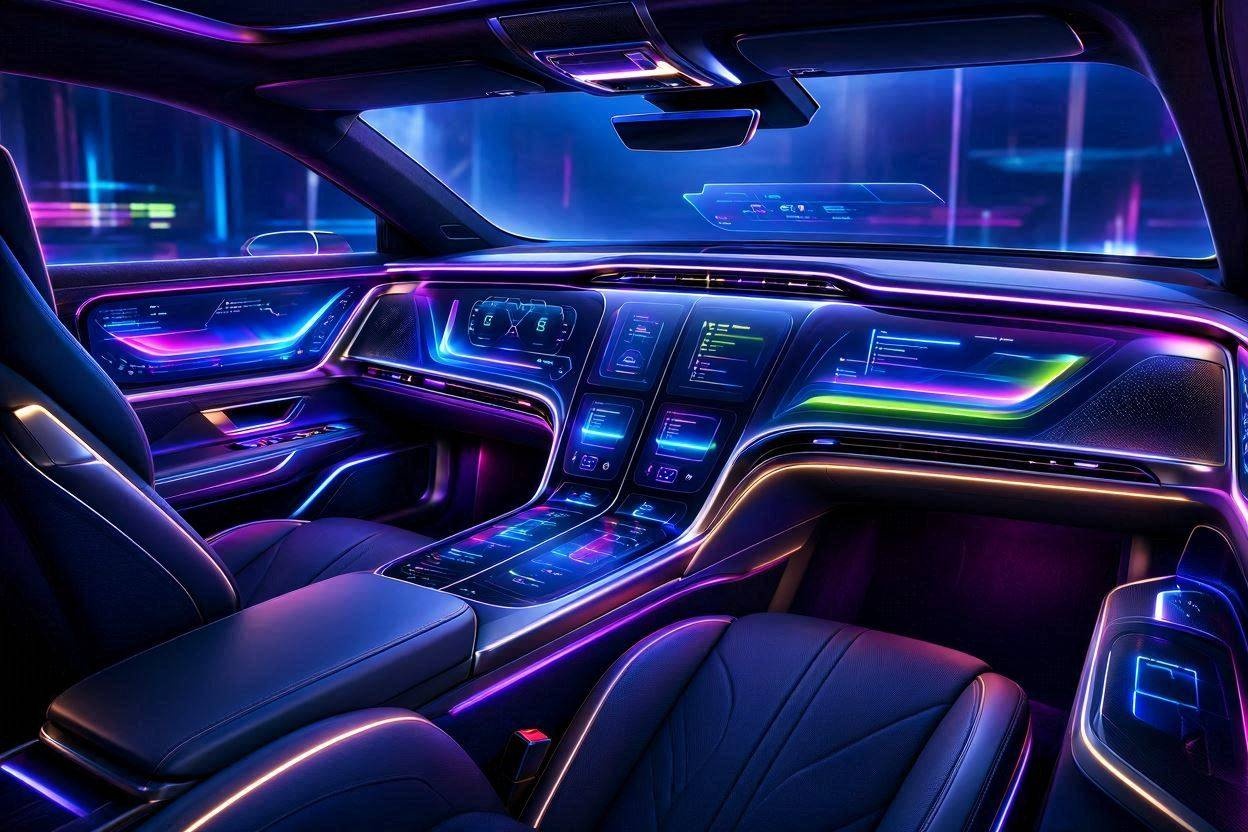 The interior of a futuristic luxury car dominated by massive digital screens and vibrant neon ambient lighting.