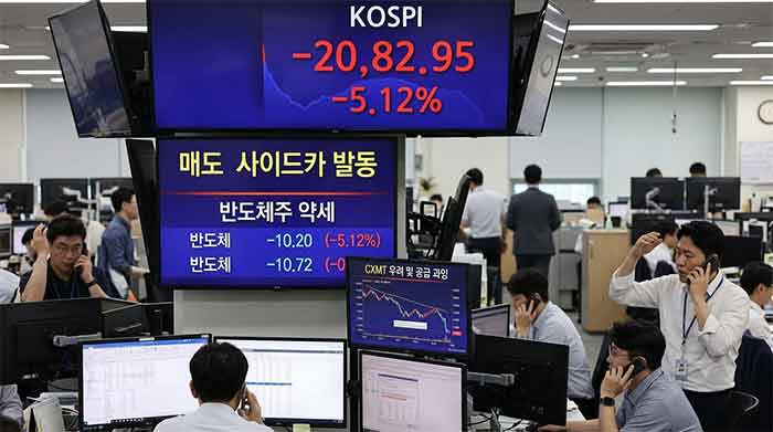코스피 5%대 급락과 매도 사이드카 발동 소식을 전하는 증권사 트레이딩룸 풍경.