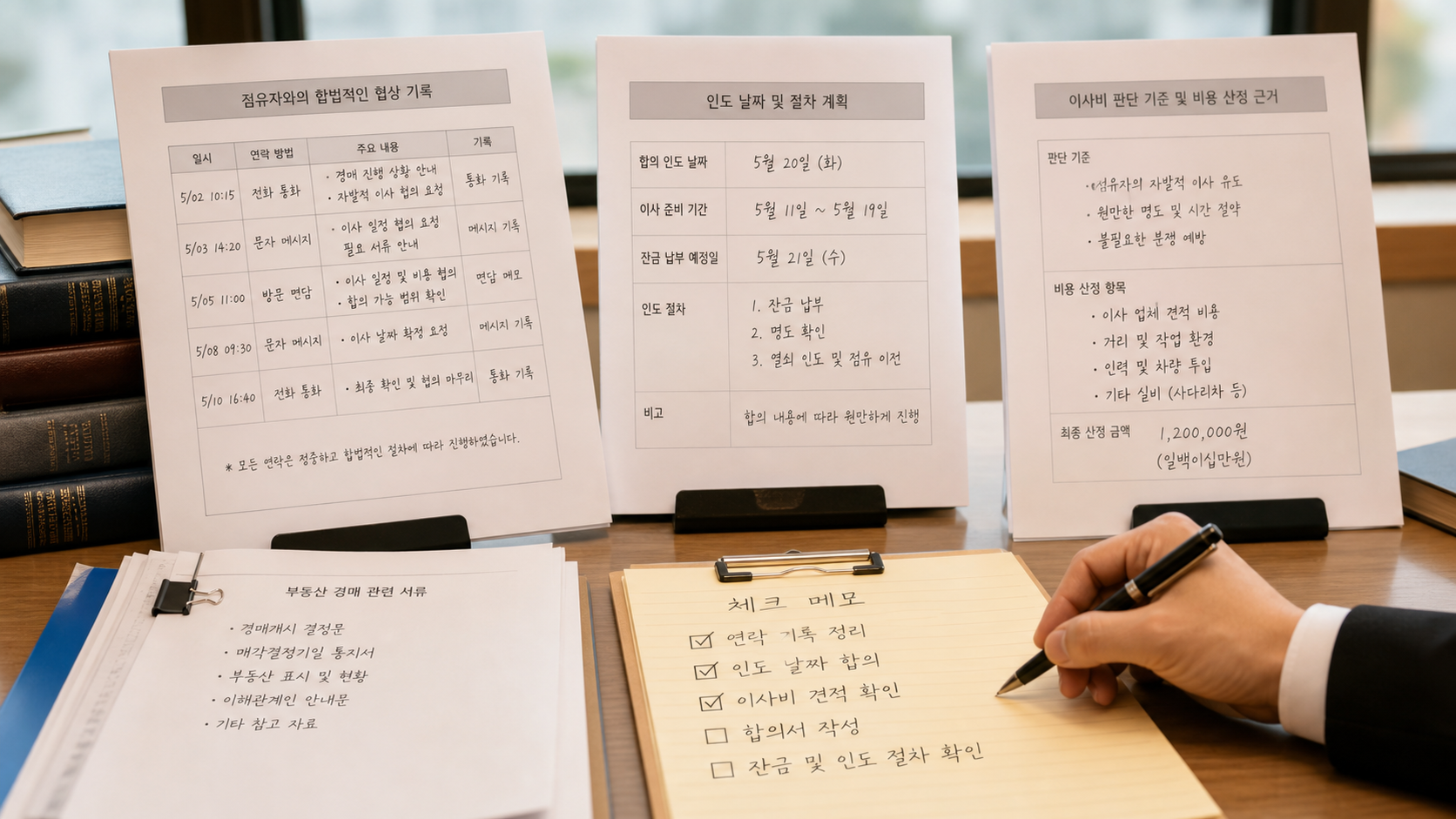 연락 기록와 인도 날짜를 법원 서류에서 확인하는 모습