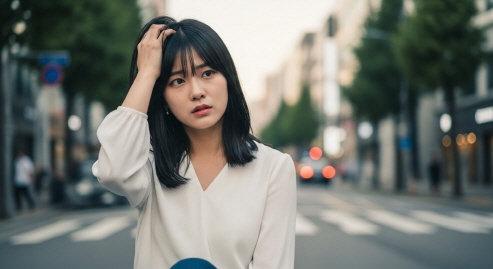 한 손으로 머리를 감싸고 있는 한국 젊은 여성