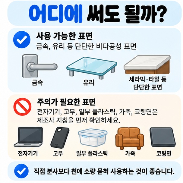 에탄올 사용 가능 표면과 주의해야 할 전자기기 고무 플라스틱 가죽 코팅면을 비교한 카드뉴스