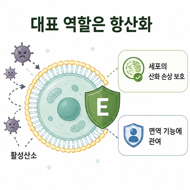 비타민E가 항산화 작용을 통해 세포의 산화 손상을 줄이고 면역 기능에 관여하는 모습을 표현한 이미지