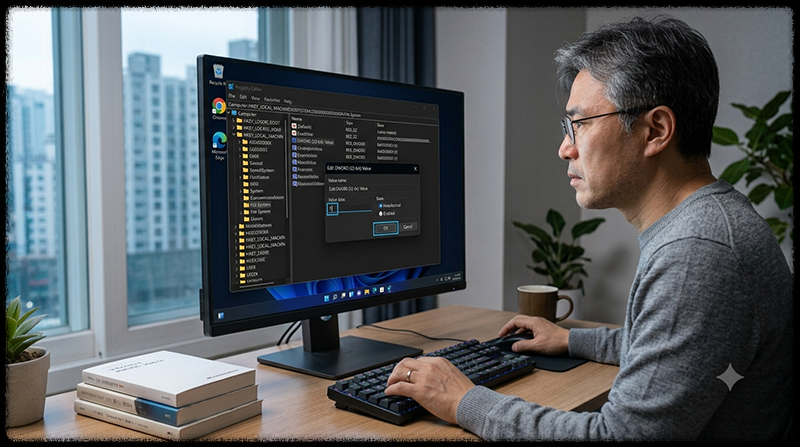 Windows 11 레지스트리에서 LongPathsEnabled 값을 활성화하는 모습