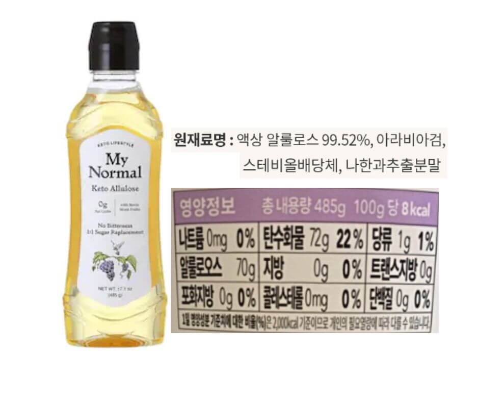 마이노멀 액상 알룰로스 제품사진과 원재료명, 영양성분표