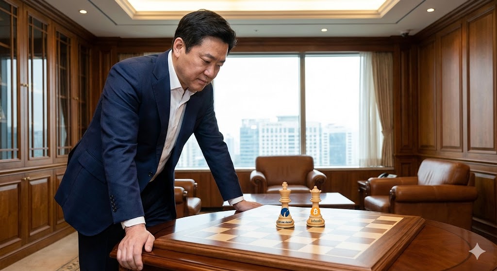 박현주 회장이 체스판 위에서 '전통 금융(King)' 말과 '디지털 자산(Queen)' 말을 동시에 움직이며 전략을 구상하는 모습