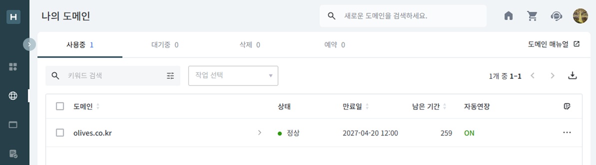 Hosting KR 대시보드에 정상 등록 및 활성화된 도메인 상태 화면