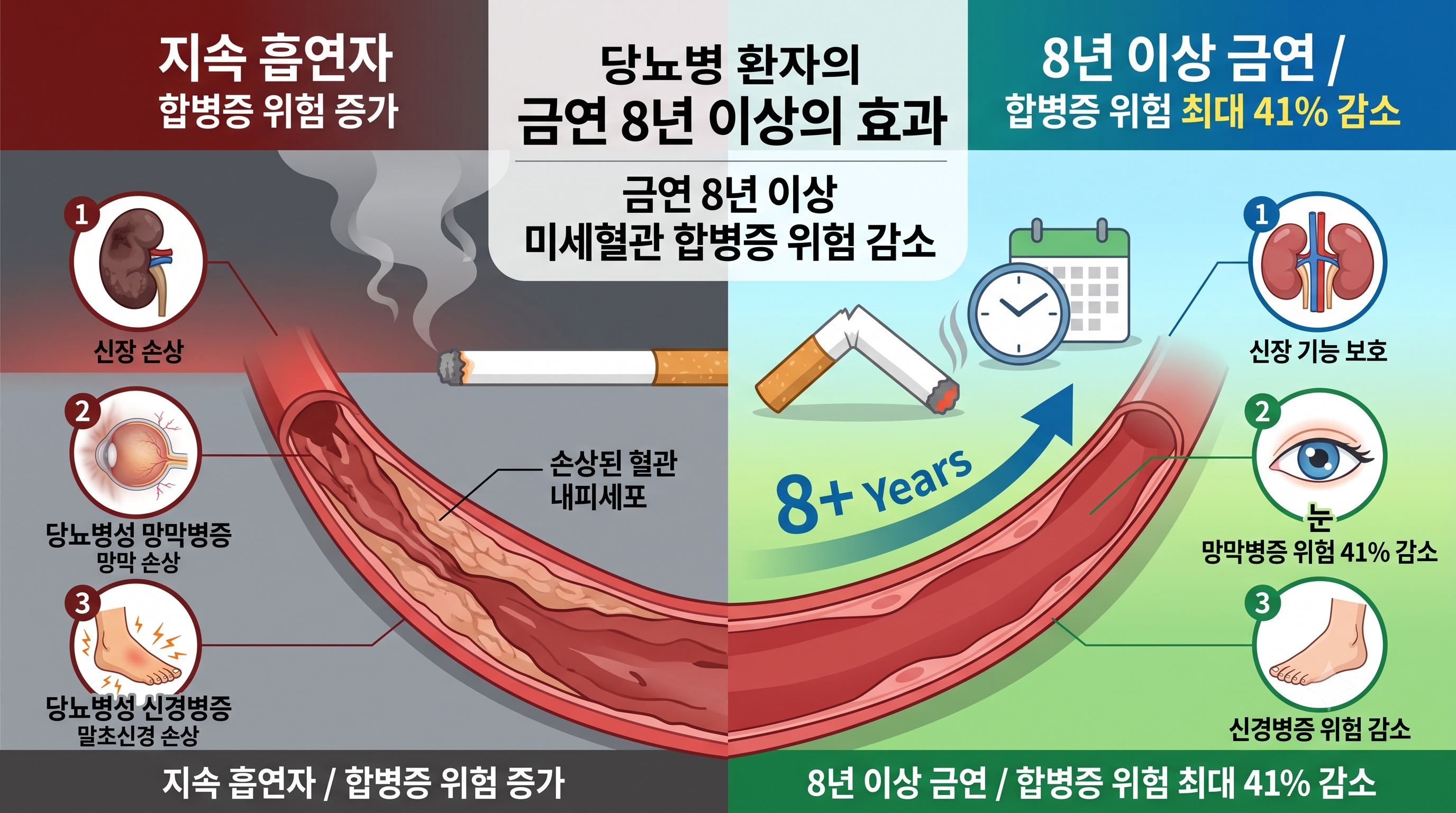 당뇨병 환자의 지속 흡연과 8년 이상 금연 시 미세혈관 합병증 위험을 비교한 인포그래픽