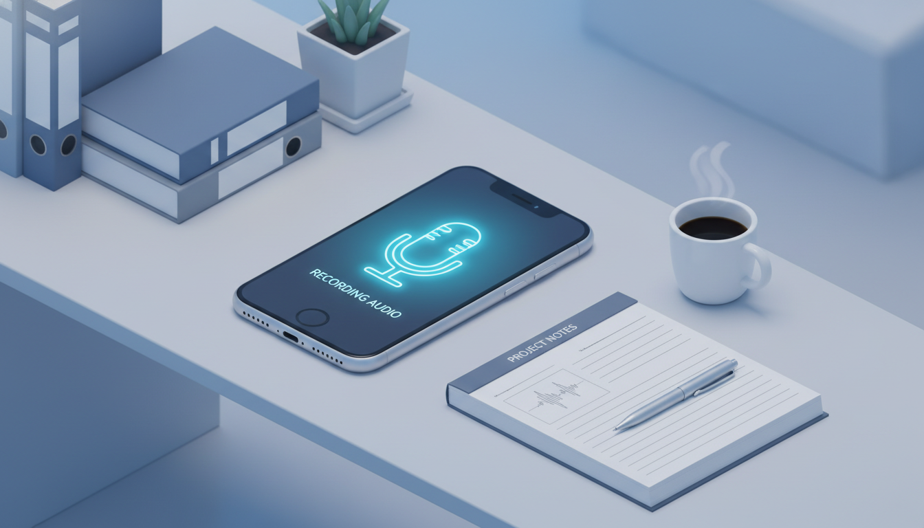 아이폰 통화녹음 기능을 상징하는 마이크 아이콘이 띄워진 스마트폰과 깔끔한 사무실 책상 일러스트