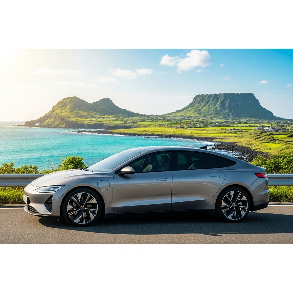 2025년 제주도 해안 도로에 주차된 세련된 전기차. 푸른 바다와 초록빛 제주 풍경이 어우러져 친환경적인 여행 분위기를 자아냅니다.