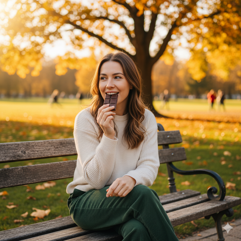 화창한 날, 공원 벤치에 앉아 건강 간식으로 아몬드 한 줌을 먹고 있는 지적인 여성 모델.
