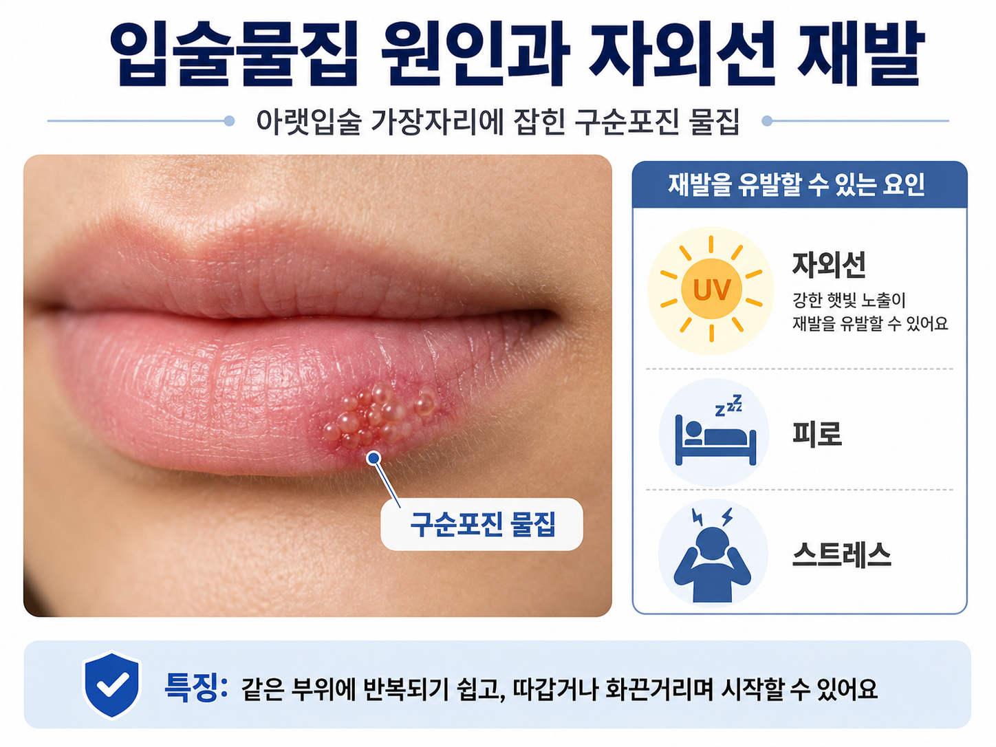 입술물집 원인과 자외선 재발 &mdash; 아랫입술 가장자리에 잡힌 구순포진 물집