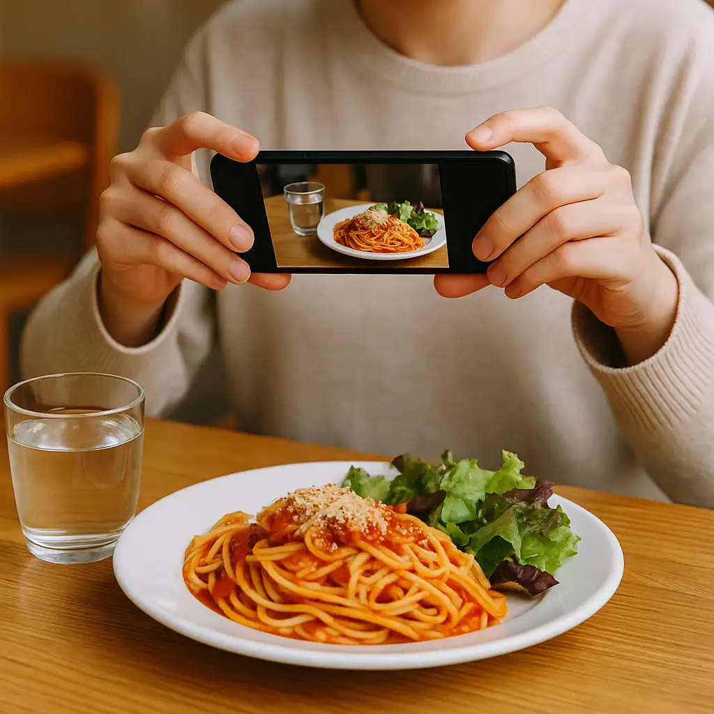 맛있게-플레이팅된-음식을-스마트폰으로-찍는-사람의-모습을-통해-음식-사진을-SNS에-공유하고-싶어하는-심리를-상징적으로-표현한-이미지