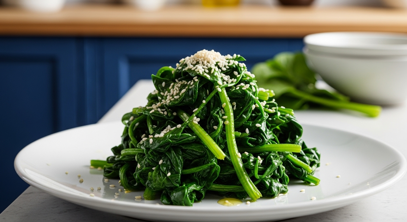 들깨가루가 듬뿍 뿌려진 먹음직스러운 시금치 무침이 흰색 접시에 담겨있는 모습. 비린내 없이 고소한 맛이 강조됩니다.