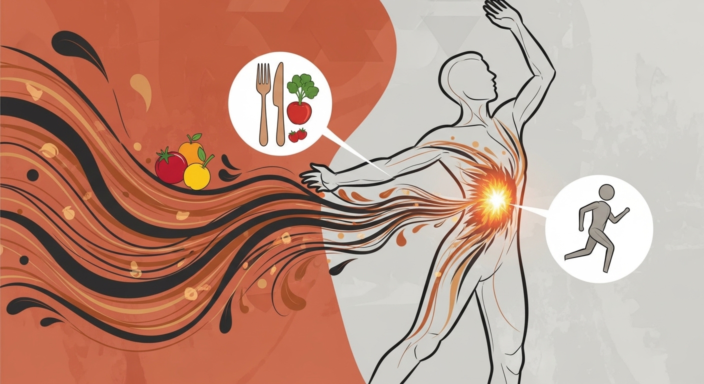 카무트 효소가 체내 독소 배출과 건강한 체중 관리에 도움을 주는 과정을 표현한 추상적인 일러스트