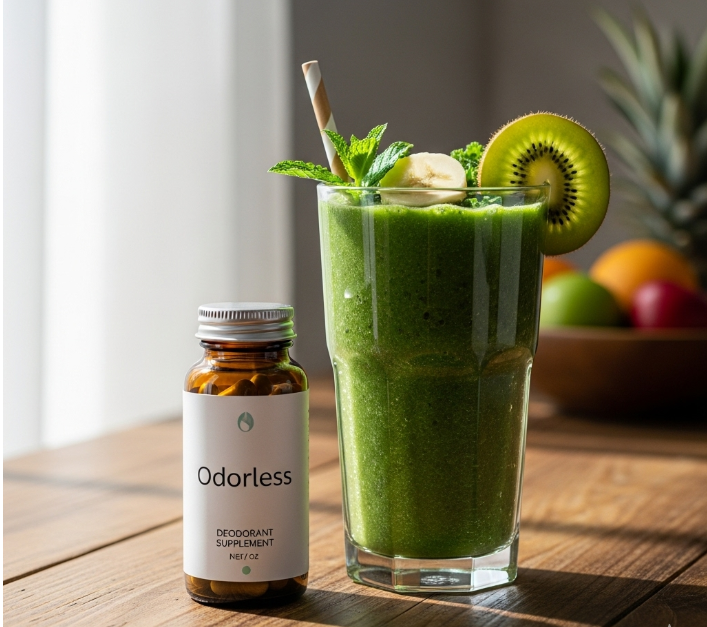 건강한 채소와 과일로 만든 스무디, 그리고 데오드란트 서플리먼트가 담긴 작은 병이 함께 놓여있다.