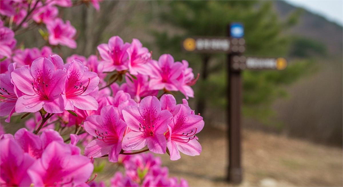 산길 옆 참꽃 디테일을 보여주는 근접 장면 