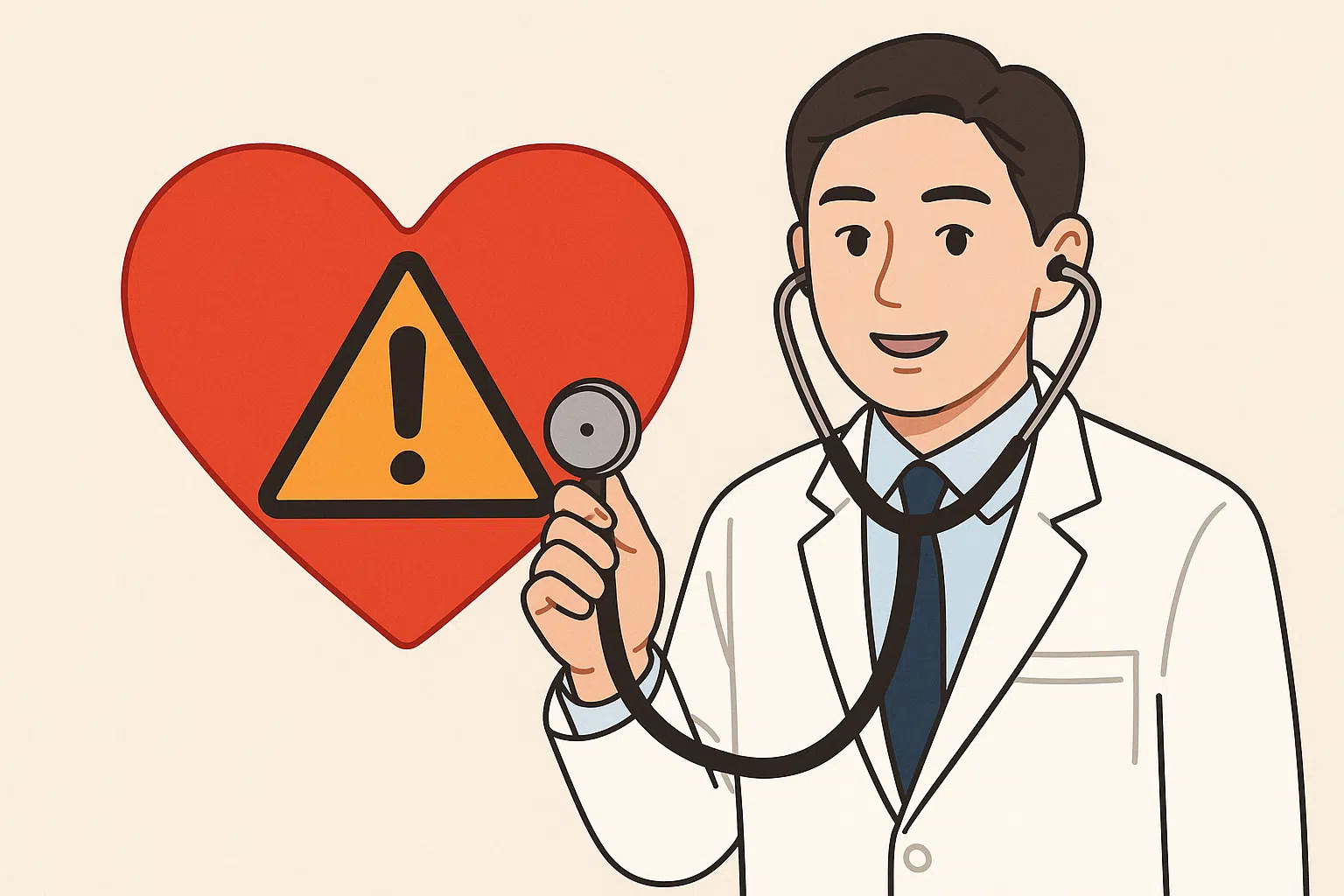 심장을 상징하는 붉은 하트 위에 경고 신호, 청진기를 들고 있는 의사