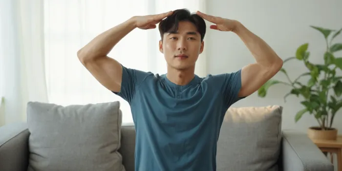 거실에서 기지개를 켜며 상쾌함을 느끼는 장면