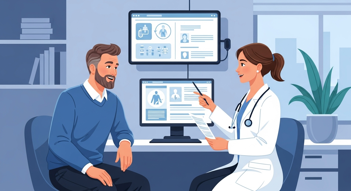 환자가 의사 또는 약사와 함께 새로운 약제 기준에 대해 상담하며 정보를 얻는 모습.