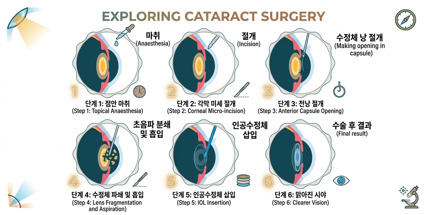 초음파 기구로 백내장을 분쇄하고 새로운 인공수정체를 삽입하는 수술 단계별 도식화